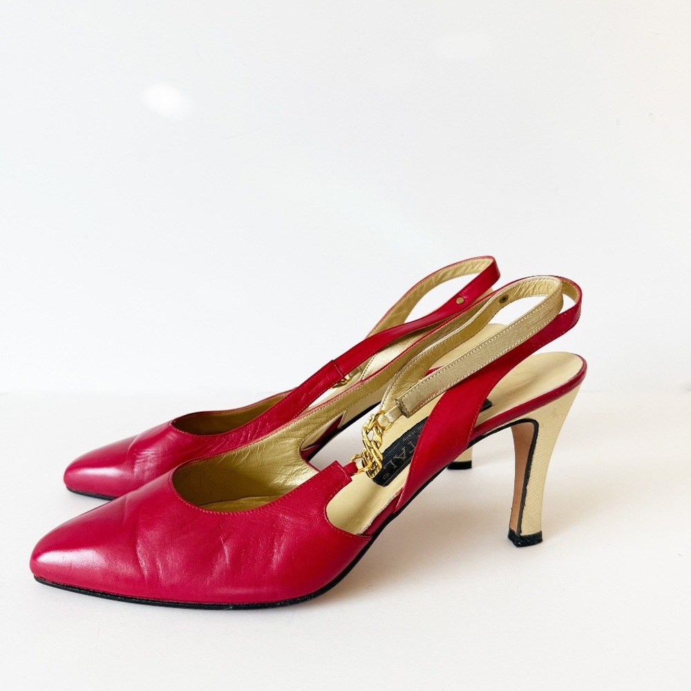 CHANTAL Vintage 90s red leather sling back heels with chain straps Size 9 Narrow